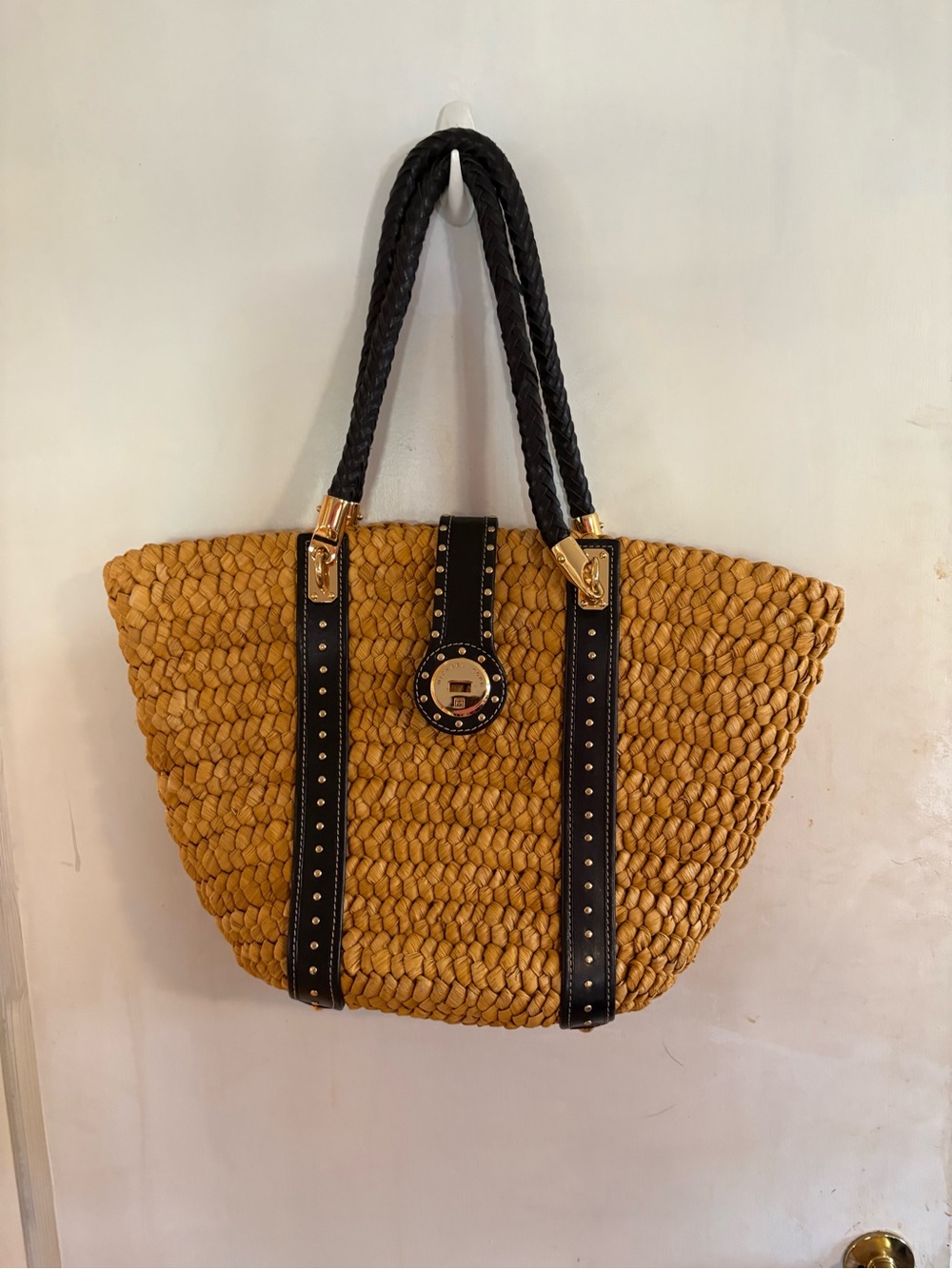 EUC MICHAEL Kors Woven Tote Bag with Black Leather Trim - Picture 7 of 11